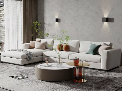 Modern Living Room With Light Beige Sectional Sofa Round Coffee Table And Green Plants 3d model