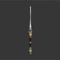 Ornate Sword With Feather Like Blade Golden Hilt And Red Gemstone On Dark Background