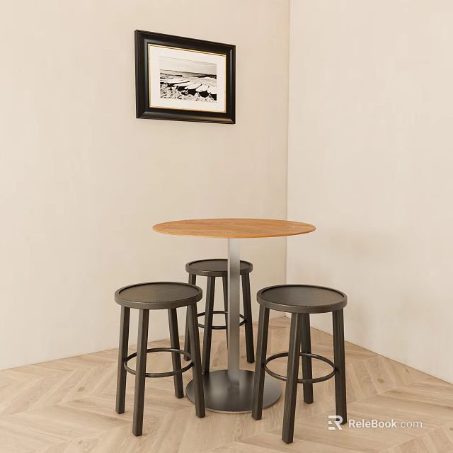 Modern Round Wooden Table With Metal Base And Black Bar Stools In Corner Space 3d model 