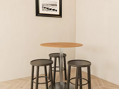 Modern Round Wooden Table With Metal Base And Black Bar Stools In Corner Space 3d model