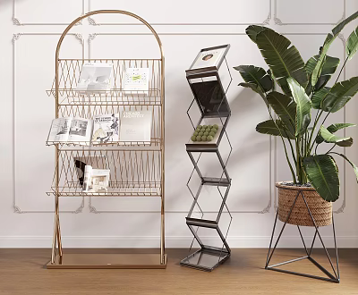 Modern Metal Bookshelves Gold And Black Multi Tier Design With Books Decor And Green Plant 3d model