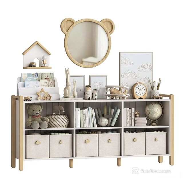 Children's Storage Unit With Teddy Bear Books Globe Clock And Decorative Items 3d model 
