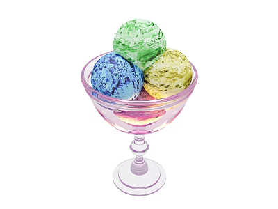 Three Colorful Ice Cream Scoops in Transparent Goblet Featuring Green Blue Yellow Tones 3d model