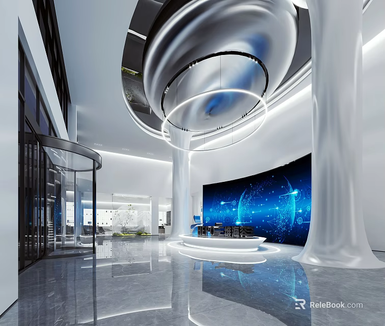 Modern Reception Desk Area With Blue Digital Backdrop Marble Flooring Circular Ceiling Light And White Pillar 3d model 