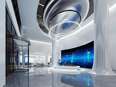 Modern Reception Desk Area With Blue Digital Backdrop Marble Flooring Circular Ceiling Light And White Pillar 3d model