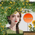 Art Installation With Female Figure Adorned By Green Vines And Yellow Sunflowers On Wall