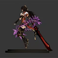 Stylish Game Movie Female Character In Red Outfit With Purple Ribbons Standing On Pedestal