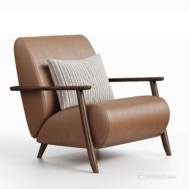 Brown Leather Leisure Chair With Wooden Armrests And Striped Pillow In Modern Design 3d model 