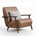 Brown Leather Leisure Chair With Wooden Armrests And Striped Pillow In Modern Design