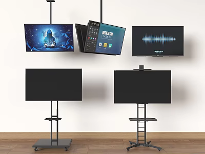Multiple TVs With Ceiling Mounts And Floor Stands Displaying Various Screens 3d model