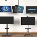 Multiple TVs With Ceiling Mounts And Floor Stands Displaying Various Screens