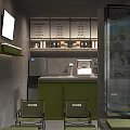 Modern Cafe Exterior And Interior With Metal Structure Green Cabinets And Outdoor Seating