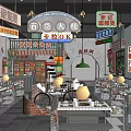 Vintage Hot Pot Restaurant Interior With Neon Signs Brick Walls Dining Tables And Chairs