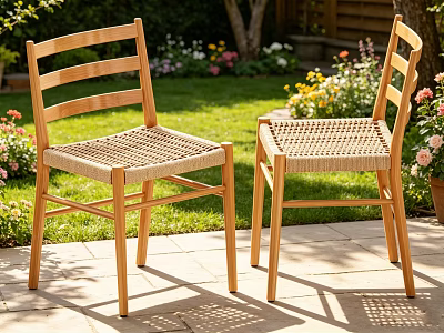 Wooden Dining Chairs With Woven Seats In Outdoor Garden Setting With Grass And Flowers 3d model