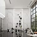 Elegant Modern Reception Desk Interior Design With Marble Counter Pendant Lights And Seating