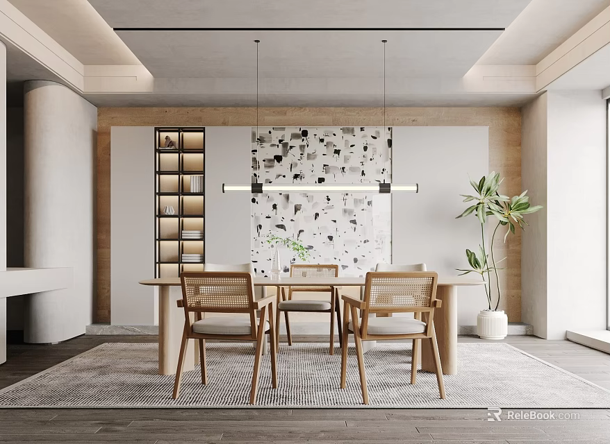 Modern Restaurant Interior With Wooden Dining Table Chairs Wall Art And Pendant Lights 3d model 