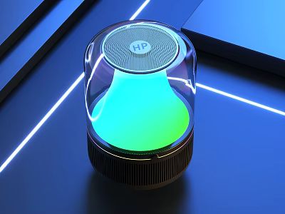 Modern Transparent Glass Cover Speaker With Circular Top Green Glowing Bottom And Blue Geometric Background 3d model