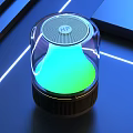 Modern Transparent Glass Cover Speaker With Circular Top Green Glowing Bottom And Blue Geometric Background