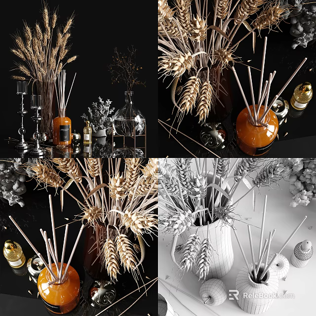 Elegant Decorative Ornament Set With Dried Wheat Glass Vases And Aromatherapy Bottles For Home Decor 3d model 