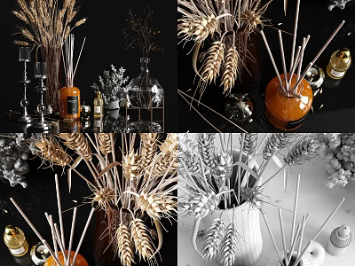 Elegant Decorative Ornament Set With Dried Wheat Glass Vases And Aromatherapy Bottles For Home Decor 3d model