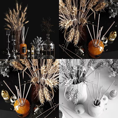 Modern Ornaments Combination Decorations Vase Dried Branched Dried Flowers Wheat Ear Perfume Candle Holder Aromatherapy Bathroom Products 3d model