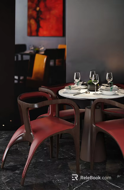 Round Dining Table Set With Wooden Backrest Red Leather Chairs And Tableware Decor 3d model