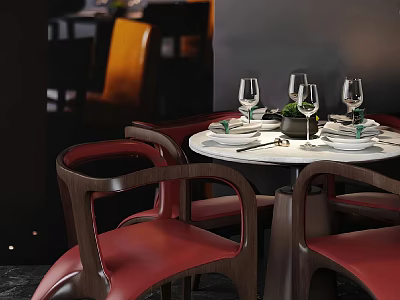 Round Dining Table Set With Wooden Backrest Red Leather Chairs And Tableware Decor 3d model