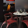 Round Dining Table Set With Wooden Backrest Red Leather Chairs And Tableware Decor 3d model