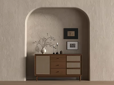 Stylish Wooden Entryway Cabinet Sideboard With Rattan Panels Drawers And Decorative Vase On Arched Wall 3d model