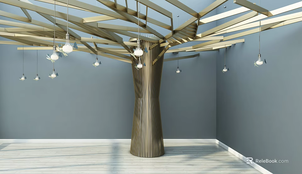 Modern Stylish Column with Wooden Ceiling Beams Hanging Lights Gray Walls and Wooden Floor 3d model 