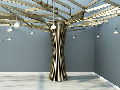 Modern Stylish Column with Wooden Ceiling Beams Hanging Lights Gray Walls and Wooden Floor 3d model