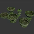 Vintage Stoneware Bowls And Cups With Pedestals In Various Decorative Shapes