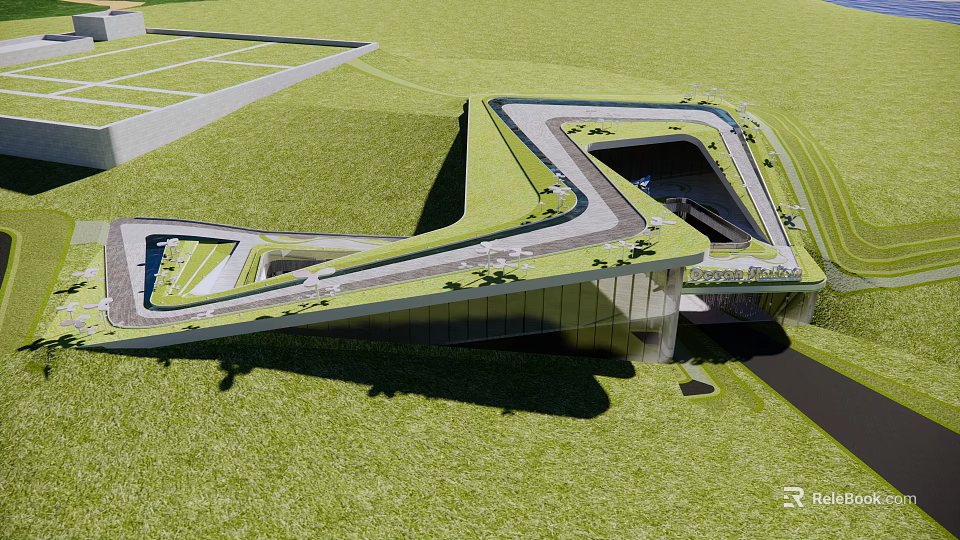Modern Building Featuring Curved Grass Roof And Glass Facade In Grassland Area 3d model 