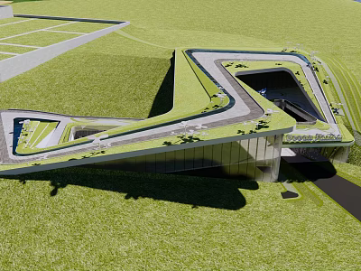 Modern Building Featuring Curved Grass Roof And Glass Facade In Grassland Area 3d model