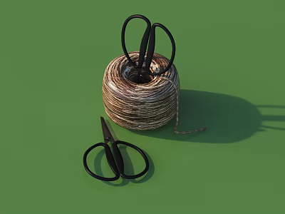 Household Twine Spool With Black Scissors And Loose String On Green Background 3d model