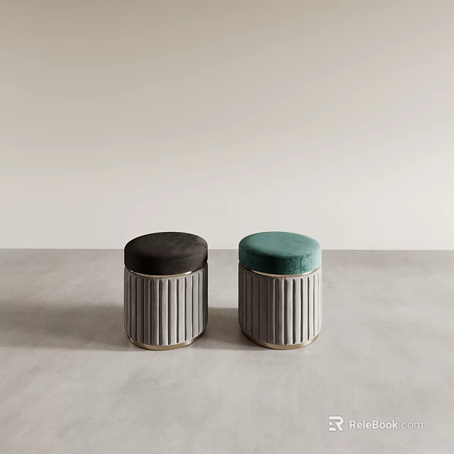 Modern Sofa Stools With Velvet Upholstery And Vertical Ribbed Design In Brown And Teal 3d model 