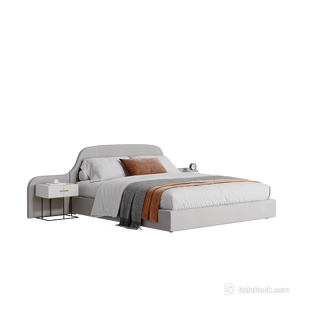 Modern Upholstered Double Bed With Bedside Table And Neutral Tones Bedding 3d model