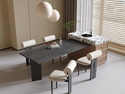 Modern Dining Table Set With Dark Tabletop Upholstered Chairs White Pendant Lights And Marble Counter 3d model