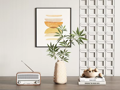 Modern Decorative Ornament Set with Vintage Radio Striped Vase Green Plant Books and Wall Art 3d model