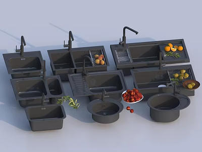 Display of Various Kitchen Sinks with Faucets Drain Boards and Fresh Fruits 3d model