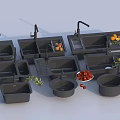 Display of Various Kitchen Sinks with Faucets Drain Boards and Fresh Fruits