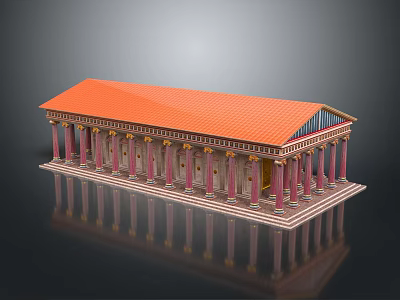 Ancient Greek Temple Building With Orange Roof Pink Columns And Gold Capitals 3d model