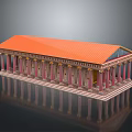 Ancient Greek Temple Building With Orange Roof Pink Columns And Gold Capitals