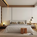 Modern Bedroom Interior Design With Wooden Accents Gray Headboard Beige Pillows And Striped Bedspread