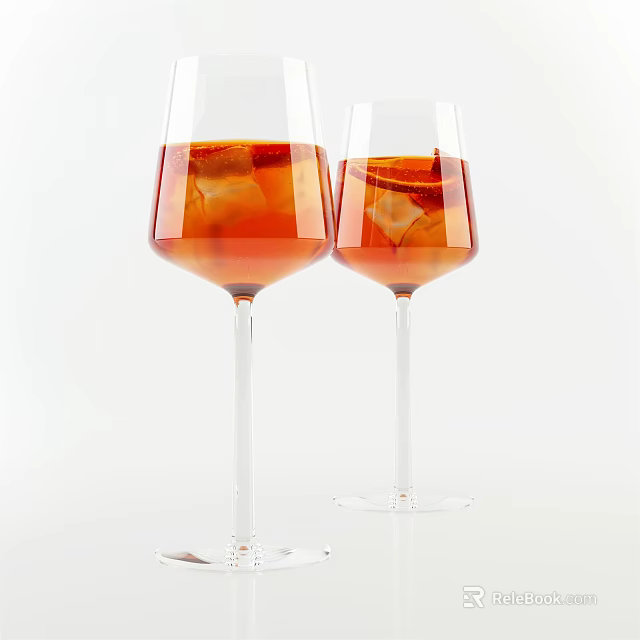 Elegant Wine Bottle And Wine Glasses With Red Liquid And Ice Cubes On White Background 3d model 