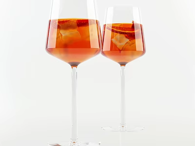 Elegant Wine Bottle And Wine Glasses With Red Liquid And Ice Cubes On White Background 3d model