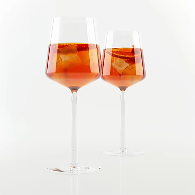 Elegant Wine Bottle And Wine Glasses With Red Liquid And Ice Cubes On White Background 3d model