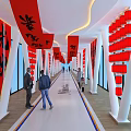 Red Lanterns and Character Banners as Hanging Decorations in Corridor with White Columns and People