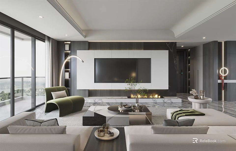 Modern Living Room Interior With Floor to Ceiling Windows TV Wall Fireplace and Sofas 3d model 