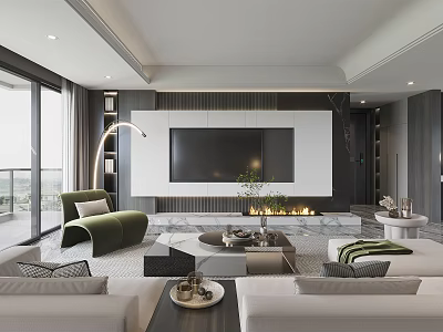 Modern Living Room Interior With Floor to Ceiling Windows TV Wall Fireplace and Sofas 3d model